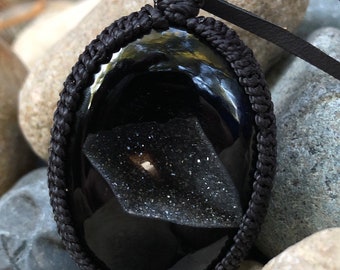 Black Onyx druzy pendant with deerskin necklace adjusts from 14” to 24”