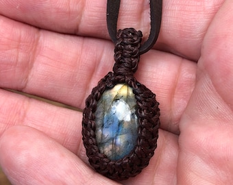 Labradorite macrame pendant necklace, super-soft adjustable deer hide from 14” to 24”