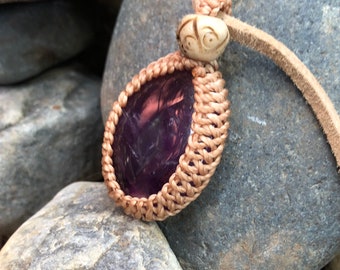 Amethyst macrame pendant with deerskin leather necklace adjusts from 14” to 24”