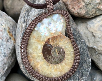 Ammonite and raw genuine Welo Opal inlay macrame pendant necklace with suede adjustable from 14” to 24”