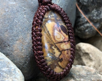 Biggs Jasper macrame pendant with deerskin leather necklace adjusts from 14” to 24”