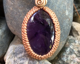 Trapiche (star) Amethyst macrame pendant with deerskin leather necklace adjusts from 14” to 24”