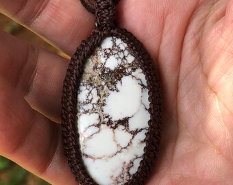 Wild horse Magnesite (Howlite) macrame pendant with super soft deer hide adjustable necklace, 14” to 24”