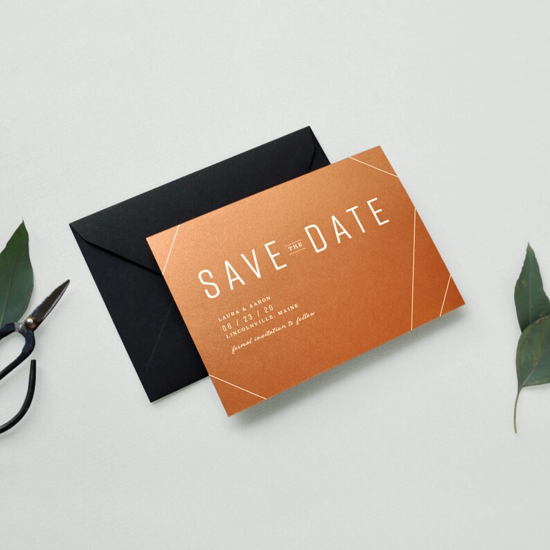 Copper Wedding Invite Modern Save-the-Date Industrial Geometric Wedding White Ink on Copper Metallic Paper Invitation Save the Date