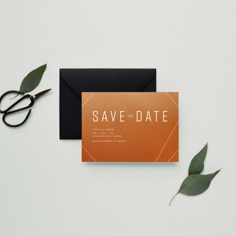 Copper Wedding Invite Modern Save-the-Date Industrial Geometric Wedding White Ink on Copper Metallic Paper Invitation Save the Date