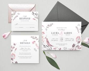 5-Piece Mauve / Blush Floral Wedding Invitation Suite | Floral Wedding Invitations, Modern Invitation, Pink Wedding Invite