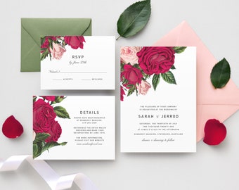 5-Piece Burgundy Rose Wedding Invitation Suite | Merlot Blush Wedding Invitations, Modern Invitation, Floral Wedding Invite