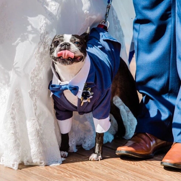Navy Blue Dog Tuxedo with Bow Tie, Dog Wedding Attire, Formal Dog Suit, Dog Tuxedo, Navy Blue Dog Suit, Wedding Attire