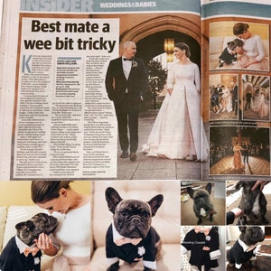 May include: A wedding photo collage featuring a bride and groom in a formal setting. The bride is wearing a white gown and the groom is wearing a black suit. The collage also includes photos of a French bulldog wearing a tuxedo and a sign that says "Wedding Cussets".