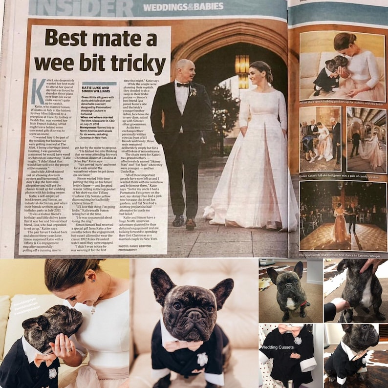 May include: A wedding photo collage featuring a bride and groom in a formal setting. The bride is wearing a white gown and the groom is wearing a black suit. The collage also includes photos of a French bulldog wearing a tuxedo and a sign that says "Wedding Cussets".
