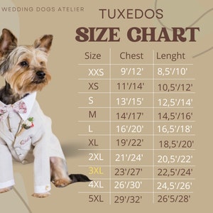 May include: A size chart for dog tuxedos, showing measurements in inches for chest and length. The chart includes sizes from XXS to 5XL.