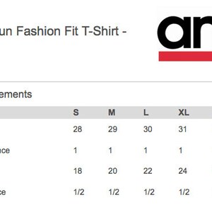 May include: Size chart for Anvil 980 Ringspun Fashion Fit T-Shirt. The chart shows measurements in inches for body length and width for sizes S, M, L, XL, 2XL, and 3XL.