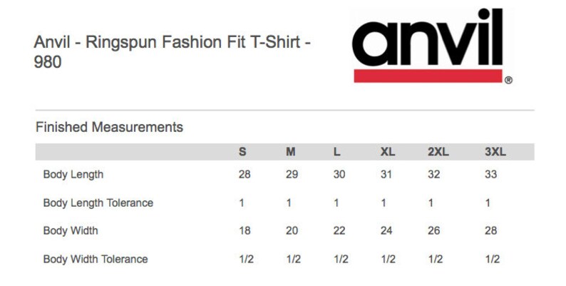 May include: Size chart for Anvil 980 Ringspun Fashion Fit T-Shirt. The chart shows measurements in inches for body length and width for sizes S, M, L, XL, 2XL, and 3XL.