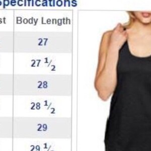 May include: Size chart for a tank top with measurements in inches for chest and body length. Sizes include XS, S, M, L, XL, and 2XL.