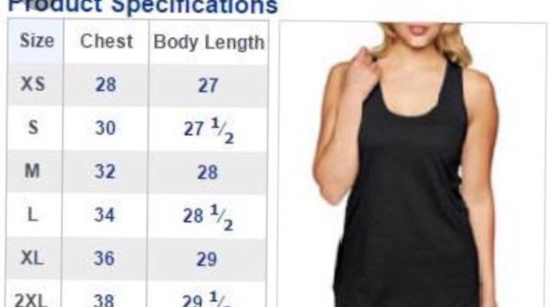 May include: Size chart for a tank top with measurements in inches for chest and body length. Sizes include XS, S, M, L, XL, and 2XL.