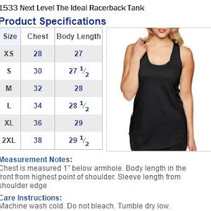 May include: Size chart for a racerback tank top, showing chest and body length measurements in inches for sizes XS to 2XL.  The chart includes measurements for sizes XS, S, M, L, XL, and 2XL.