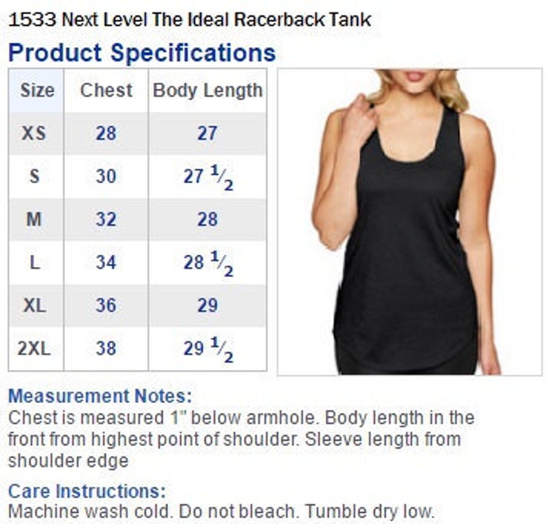 May include: Size chart for a racerback tank top, showing chest and body length measurements in inches for sizes XS to 2XL.  The chart includes measurements for sizes XS, S, M, L, XL, and 2XL.
