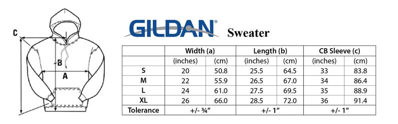 May include: A size chart for a Gildan sweater, showing measurements in inches and centimeters for width, length, and sleeve length. The chart includes sizes S, M, L, XL, and a tolerance of +/- 3/4 inch for width and +/- 1 inch for length and sleeve length.