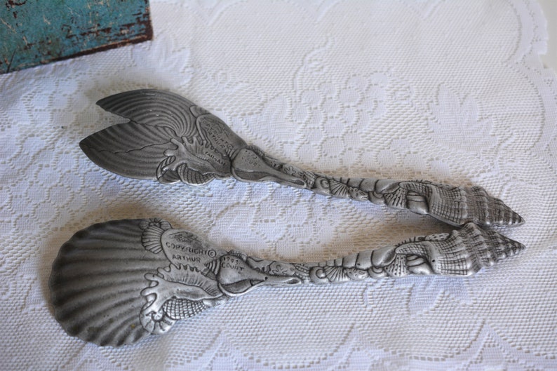 Vtg Arthur Court Signed 2 Aluminum Nautilus Salad Servers Seashell Kitchen Dining Decor Gift Idea