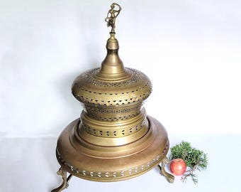 Vintage Turkish Brass Brazier: Female Figurine, Lion Paw Feet, Rustic Decor