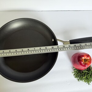 Puede incluir: Una sart&eacute;n antiadherente negra con un mango plateado y un agarre negro. Una regla muestra que la sart&eacute;n tiene aproximadamente 25 cm de di&aacute;metro. Una manzana roja y vegetaci&oacute;n est&aacute;n al lado de la sart&eacute;n.