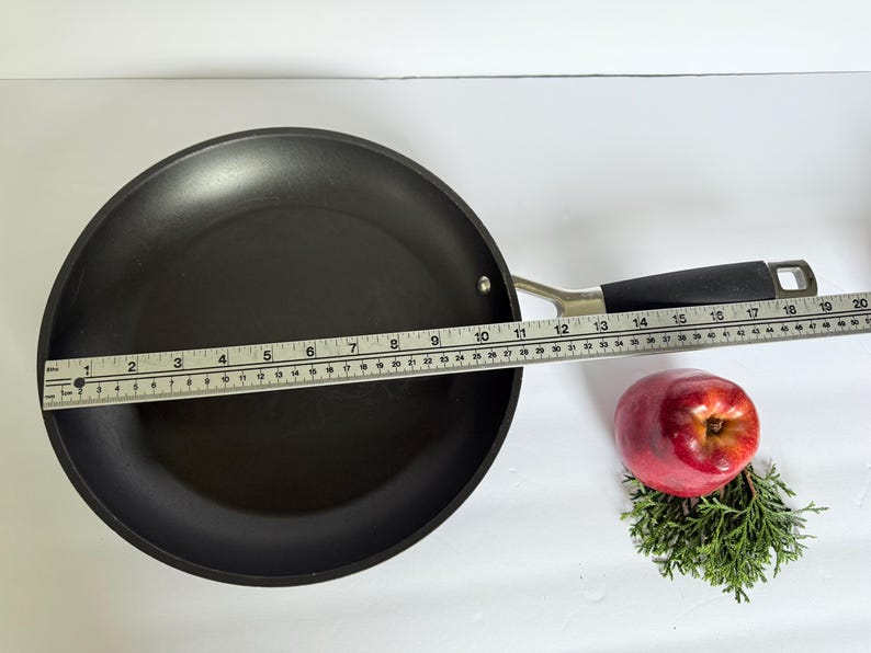 Puede incluir: Una sart&eacute;n antiadherente negra con un mango plateado y un agarre negro. Una regla muestra que la sart&eacute;n tiene aproximadamente 25 cm de di&aacute;metro. Una manzana roja y vegetaci&oacute;n est&aacute;n al lado de la sart&eacute;n.