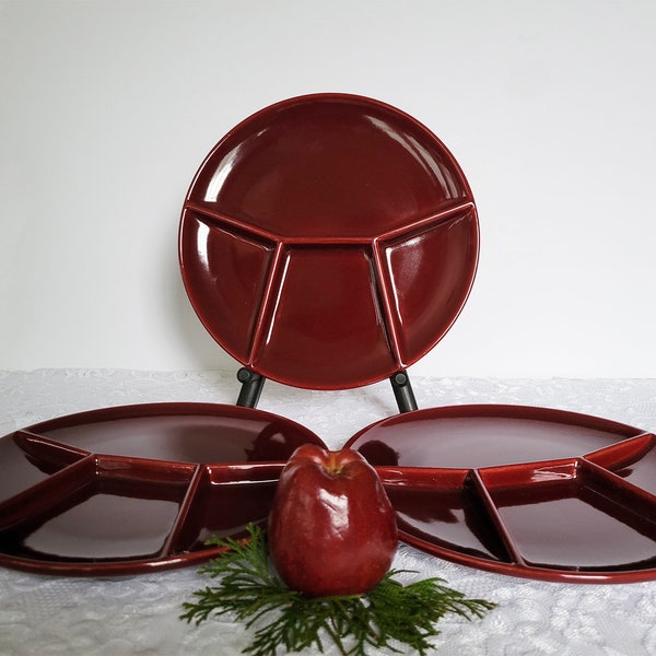 REDUCED 3 Burgundy 9" Divided Fondue Plates Steuler Keramik #4350, W Germany Collectibles Vtg Kitchen