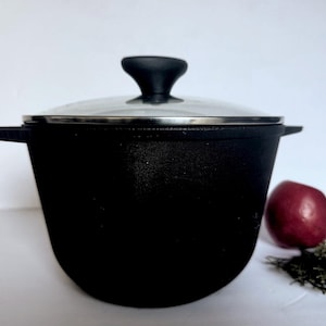 May include: A black cast iron pot with a glass lid and a black handle. The pot has two side handles and sits on a white surface. A red apple and sprigs of greenery are next to the pot.