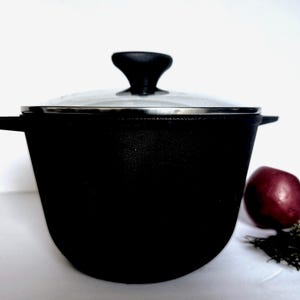 May include: A black cast iron pot with a rounded body and two side handles. The pot features a clear glass lid with a metallic rim and a black knob handle. A single red apple and a small sprig of green pine needles are placed to the right.