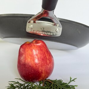 Puede incluir: Una sart&eacute;n Le Creuset negra con un mango plateado y una manzana roja. La manzana descansa sobre un lecho de follaje verde. La sart&eacute;n est&aacute; colocada encima de la manzana.