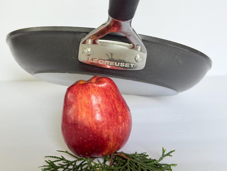 Puede incluir: Una sart&eacute;n Le Creuset negra con un mango plateado y una manzana roja. La manzana descansa sobre un lecho de follaje verde. La sart&eacute;n est&aacute; colocada encima de la manzana.