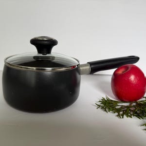 May include: A black saucepan with a glass lid and a black handle. A red apple and a sprig of green foliage are next to the pan. The saucepan is likely used for cooking.
