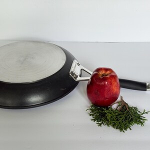 Puede incluir: Una sart&eacute;n negra con un asa plateada y un asa negra. Una manzana roja y una peque&ntilde;a ramita de follaje verde est&aacute;n al lado de la sart&eacute;n.