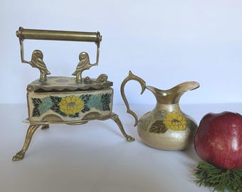 Antique Brass Iron & Pitcher Set: Enameled Sunflower Decor, Made in India