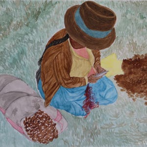 Peruvian local woman cleaning dried potatoes - Original Watercolor Painting