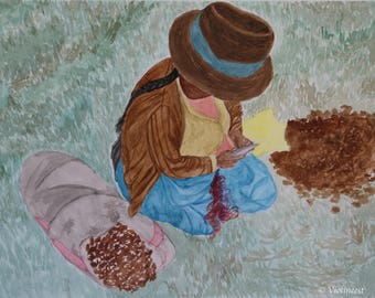 Donna peruviana di locale pulizia secca patate - pittura acquerello originale