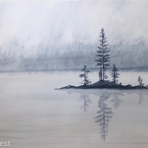 Original Watercolor Paining - Pine Trees, Fog and Lake