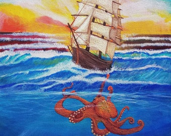 Octopus painting, Ocean Painting, Glow in the Dark Painting, Ship wall art, Ocean wall art, Ocean Decor