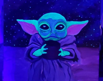 Grogu, baby yoda, star wars, Glow in the dark, Glow painting, yoda, coffee art