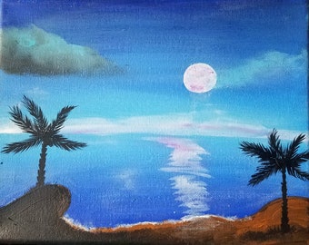 glow in the dark painting, Blue moon, small island painting, original wall art