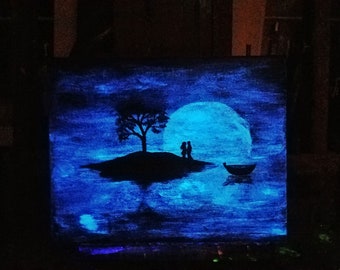 glow in the Dark moon painting, small blue canvas painting, Romantic Painting, Unique Wedding Gift Ideas, Engagement Gift