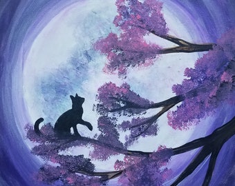 black cat glow in the dark painting, call wall art, black cat painting moon painting, glow in the dark moon