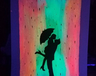 Romantic Gifts, UV Black Light Poster, glow in the dark painting, couple under umbrella, romantic art, wedding gift, anniversary gift