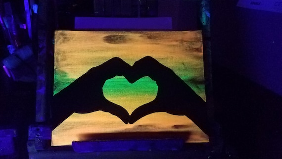 Love art,Heart Hands wall art, glow in the dark painting, hand heart, living room artwork, sunset painting, housewarming