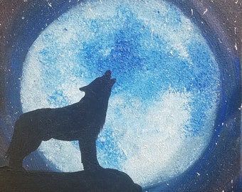 glow in the dark moon, wolf painting, glow in the dark, wolf howling at the moon, wall art