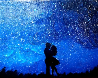 Glow in the Dark Painting, small blue painting, Romance Under the Stars