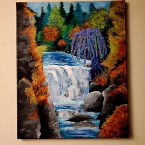 Waterfall Painting, Glow in the Dark Painting, Fantasy Art Painting, Landscape painting, Tree Art, Livingroom Decor