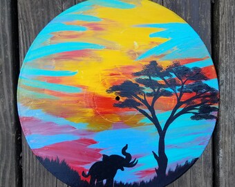 Glow in the Dark Painting, Elephant Painting, Vinyl record painting, bohemian wall art