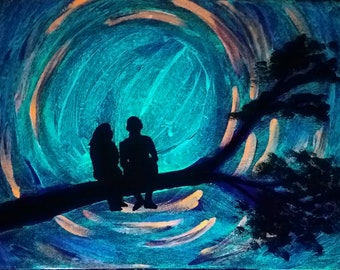 Glow in the Dark Painting, Soul Mates, Wall Art, Romantic Gifts, Bella Luna, moon painting, Glow in the Dark Moon, Black light Art