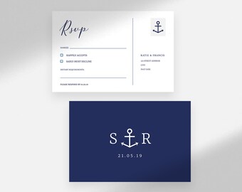 Nautical RSVP Postcard Template | Navy Anchor RSVP Card Printable | Editable RSVP Wedding Response Postcard Instant Download Templett
